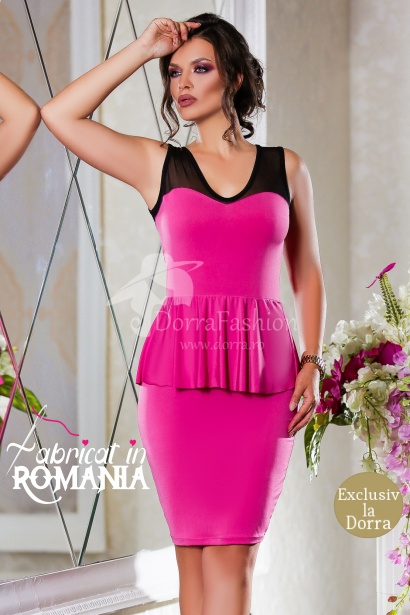 Rochie ocazie Delara din lycra ciclame cu peplum si platca de tull